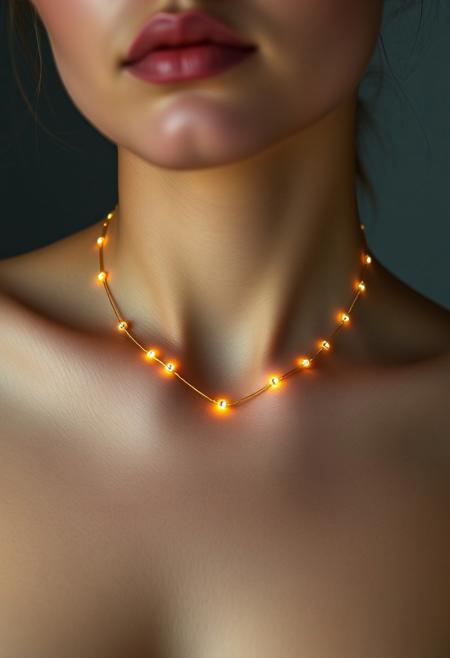 subdermal LED jewelry, soft natural glow beneath the skin, (embedded LEDs:1.5) forming a delicate gold necklace pattern under the skin, (subtle sapphire-like glow:1.4) centered at the clavicle, seamless integration with skin, high-definition, warm, natural skin tone, (soft light diffusion:1.3), under-the-skin LED glow enhancing natural features, ultra-realistic textures, subtle lighting that gently follows the body's contours, refined elegance, advanced subdermal technology, modern body modification, (minimalist tech-infused beauty:1.2), smooth light emanation from beneath the skin, high-resolution, understated and graceful