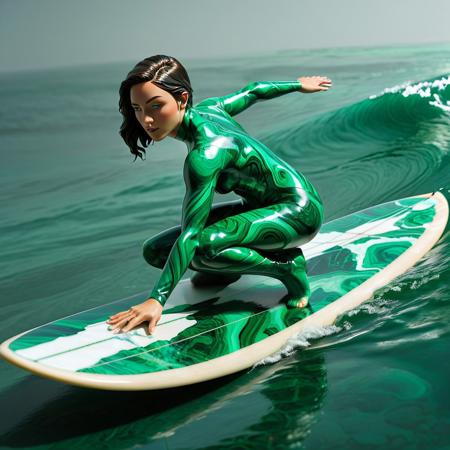 Ultrarealistic. sharp focus, dynamic lighting. play of light, reflection, Female Surfer Riding a Surfboard, She is made entirely of malachite, refraction, Ultra detailed. malachite_style.  Cowboy shot.