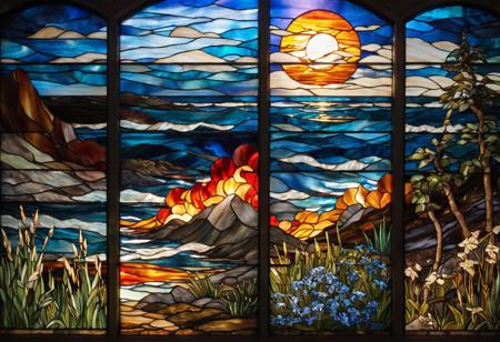 A mesmerizing quartet of stained glass panels depicting a dark reflection theme: one panel bursting with rich soil and thriving plants, another shimmering with tumultuous sea waves, a third ablaze with the fury of raging fire, and the final one swirling with the power of a tornado. These panels, possibly part of a grand mural or installation, showcase intricate details and vibrant colors that draw viewers in with their captivating beauty. Each scene exudes a sense of dynamic energy and raw power, making them a masterpiece of artistry and craftsmanship.