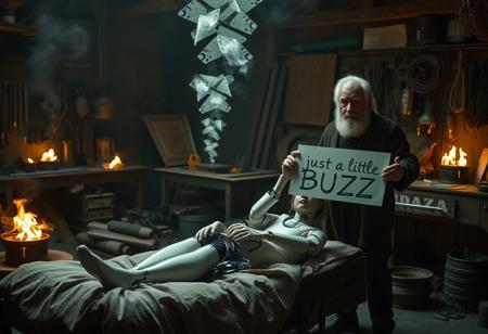 an image of  a  woman. she is wearing a robot suit, ultra detailed female android .her body is  only partially assembled, she is sitting on a bed with visible wires and parameters on its arms. There is a large sign nearby that says 'LORA need training.' The she has multiple wires hanging out, including short wires. The scene depicts ongoing work in an old, rustic environment. An old man stands sadly beside the bed in an old, rustic workshop, holding a sign that says 'just a little BUZZ. The workshop is dimly lit, filled with aged tools and scattered mechanical parts. Small fires are flickering in the background, with smoke rising into the air, creating a hazy atmosphere. Some of the robot’s exposed wires are sparking slightly, adding to the dramatic scene. The lighting gives the environment a cinematic and moody effect, emphasizing the rustic and unfinished nature of the project