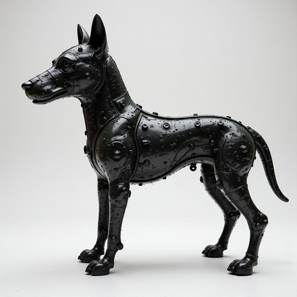 A cyberpunk dog made entirely out of car parts