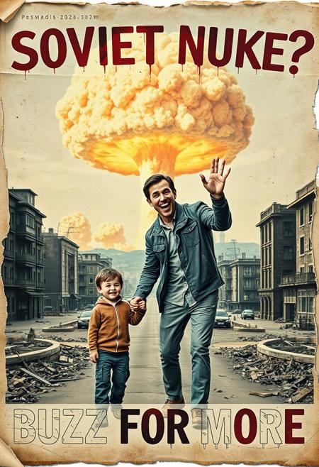 “A decayed, vintage-style poster from 2024, weathered and torn, depicting a surreal and apocalyptic scene in a contemporary setting. The faded image shows a man (the father) and his young son, both in modern clothes. The father holds the son’s hand with one hand, while making an exaggerated ‘OK’ sign with his other hand, his wide, mad smile radiating an eerie and unsettling charm. In the far background, a massive nuclear mushroom cloud rises ominously, with fiery orange fireballs at its base and visible blast waves rippling through the urban landscape. The scene is set in a desolate, abandoned city, with ruined buildings and empty streets. The poster’s bold text, ‘SOVIET NUKE?’ across the upper section and ‘BUZZ FOR MORE’ in the lower section, is faded, smeared, and inked with scribbles and stains. The paper appears rotten, with tears, creases, and discolored edges, contributing to the haunting, post-apocalyptic atmosphere of the piece.”