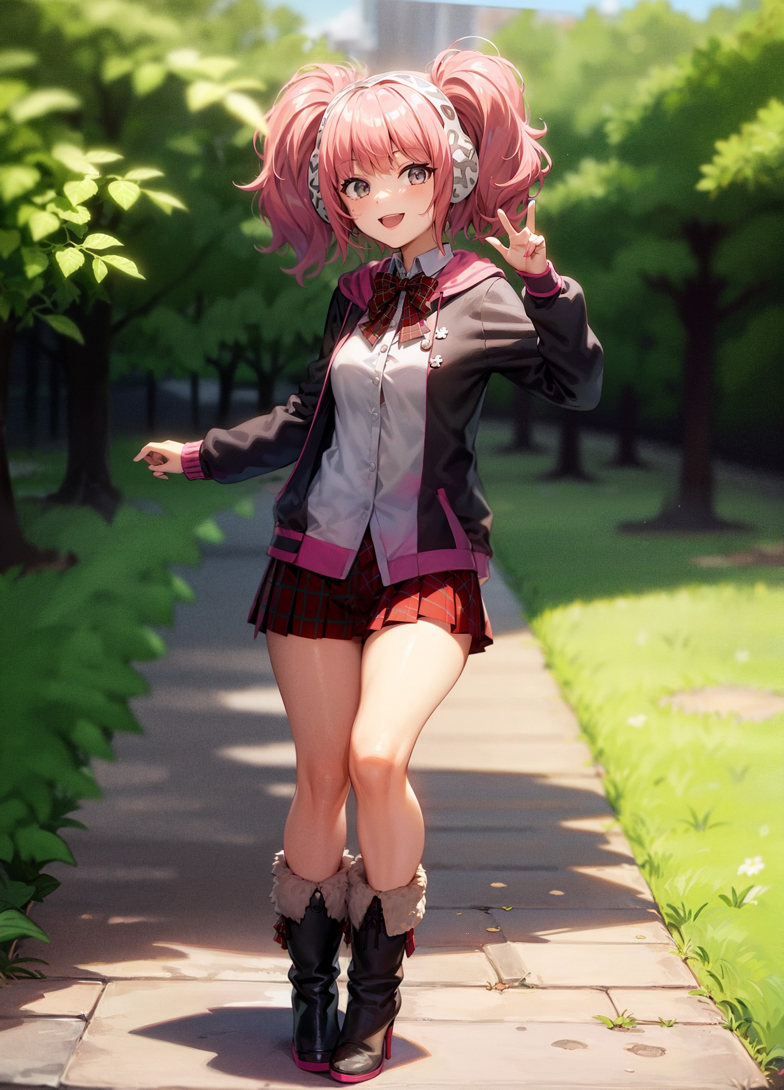 <lora:clovervlr-15:1>, cloverze, masterpiece, 1girl, solo, outdoors park, looking at viewer, boots, hoodie, twintails, smi...