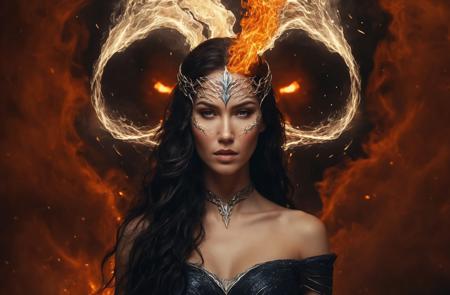 An elemental goddess stands in the center of a dark storm, her face perfectly split between blazing fire and piercing ice. Her eyes glow with raw energy—one golden like a supernova, the other pure white like frozen lightning. Her fiery side burns with swirling flames, lava cracks glowing on her skin, while the icy side releases frost, snow, and mist, her flowing hair turning into smoke and ice tendrils. The camera slowly circles her as magical particles rise and fall around her. Thunder rumbles faintly in the distance, and glowing embers spiral into the sky. Her power pulses outward with each breath. Ultra-detailed, epic cinematic lighting, 4K, high fantasy animation, dark background, dramatic elemental effects, slow motion, mythic tone.
