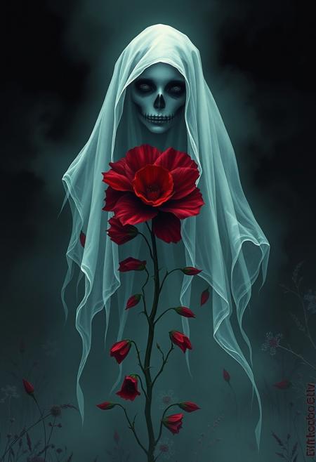 A hauntingly beautiful red floral ghost enveloped in an eerie mist, illustrated in the style of gothic art, intricate details, delicate petals, dark shadows, ethereal atmosphere