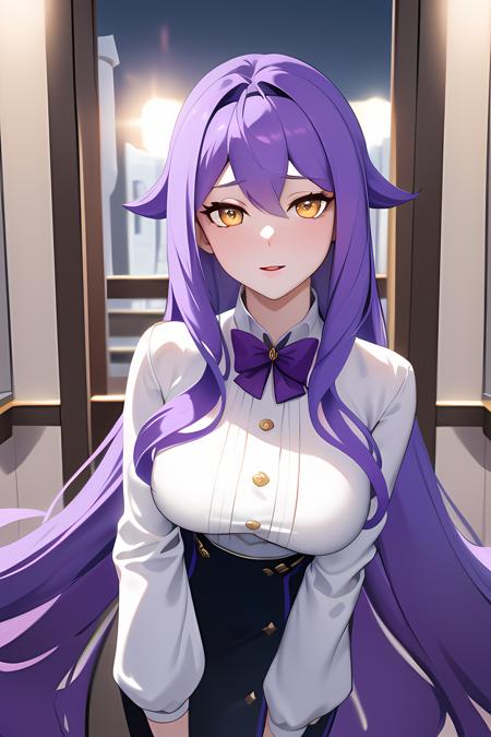 ((masterpiece, best quality)),1girl, sirin, bow breasts,long_hair, long_sleeves, looking_at_viewer, pencil_skirt, purple_bow, purple_hair, skirt, solo, thigh_strap,black_skirt, very_long_hair,cowboy_shot, white_shirt, yellow_eyes,,,,,,, ,extremely detailed CG unity 8k wallpaper, perfect lighting,Colorful, Bright_Front_face_Lighting,White skin, (masterpiece:1.0),(best_quality:1.0), ultra high res,4K,ultra-detailed, photography, 8K, HDR, highres, absurdres:1.2, Kodak portra 400, film grain, blurry background, bokeh:1.2, lens flare, vibrant_color,professional photograph,(Beautiful medium_Breasts), (beautiful_face:1),(narrow_waist),Beautiful Finger,Beautiful long legs,Beautiful body,Beautiful Nose,Beautiful character design, perfect face,perfect balance,