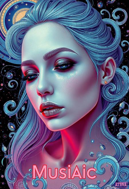 high quality design aesthetics, synth pop, detailed, pop album cover, beautiful young white woman, artist name "Musaic", intricate swirls, patterns