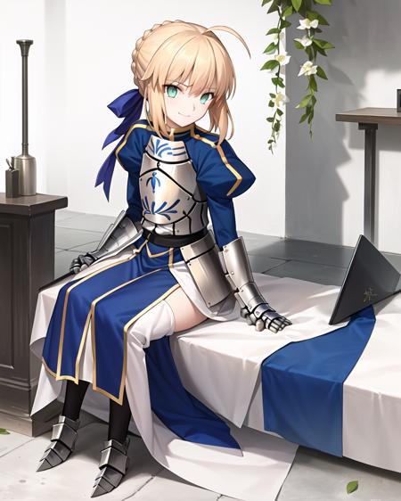 best quality,highly detailed,masterpiece,ultra-detailed,solo,(1girl),(Delicate eyes),(white background:1.3), full body , artoria_pendragon_\(fate\), saber, armor, blonde_hair, gauntlets, green_eyes, hair_ribbon, armored_dress,ahoge, blue_dress, (sitting:1.2), light smile,