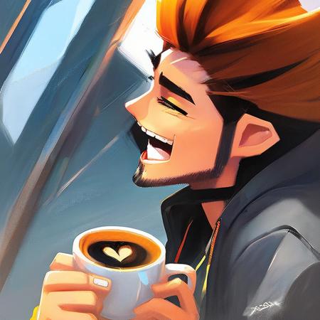 A portrait of a man reaching for a cup of coffee with a silly smile on his face sda768