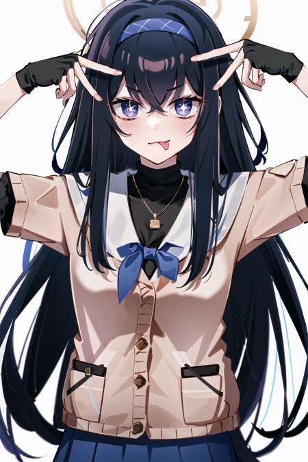 <lora:Hoshino Ai's Pose:0.9>, ai's pose, 1girl, solo, :p, v, black background, double v, (masterpiece, best quality:1), 1girl, solo, bags under eyes, bangs, black hair, blue eyes, halo, blue hairband, brown cardigan, long hair, white skirt, <lora:KozekiUiBlueArchive_10:0.7>