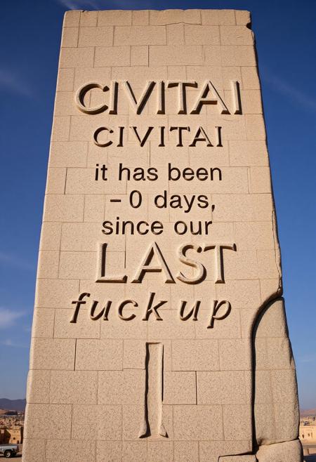 chiseled into a massive stone monolith is the inscription :
" Civitai -  it has been | 0 | days since our last fuckup "