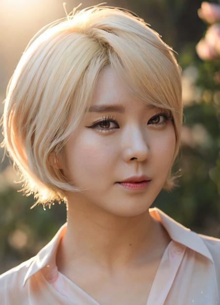 a beautiful picture of ch04xlv2,blonde,short hair, detailed skin texture,masterpiece, face focus, photorealistic, woman, 4k, HDR, backlighting, bloom, light, RAW color photo,(fully in frame:1.1), (blush:0.5), (goosebumps:0.5), wearing a blouse, asian. happy, idol  <lora:ch04xlv2:1>, korean