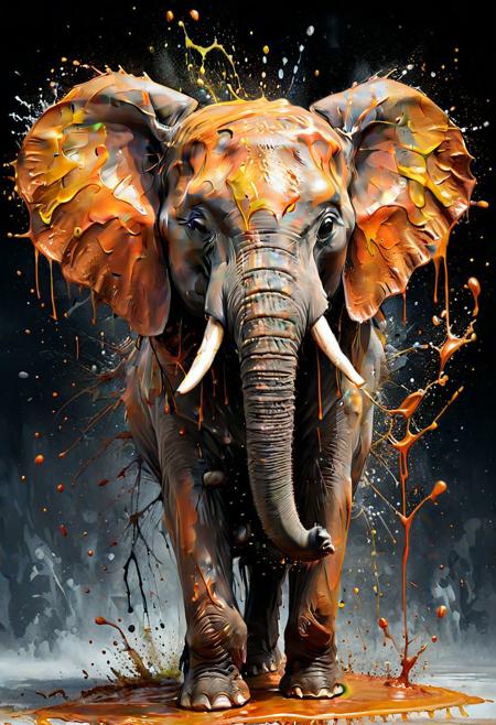 a elephant with a big splash of paint all around  it's face,  Background with more painting splash in an intricate spill that leaves the canvas on a 3D s, masterful digital art, spilling juice, caramel, splash image, adi granov, bioart, strong and ferocious, art photograph, smooth drawing, dew, digital screenshot, artistic rendering.