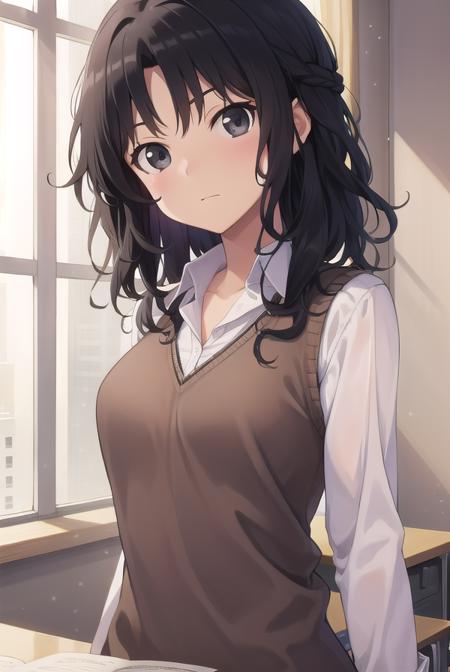 kaorutanamachi, <lora:kaorutanamachitest:1>, kaoru tanamachi, (black eyes:1.5), black hair, messy hair,
BREAK kibito high school uniform, school uniform, sweater vest,,
BREAK looking at viewer,
BREAK indoors, classroom,
BREAK <lora:GoodHands-vanilla:1>, (masterpiece:1.2), best quality, high resolution, unity 8k wallpaper, (illustration:0.8), (beautiful detailed eyes:1.6), extremely detailed face, perfect lighting, extremely detailed CG, (perfect hands, perfect anatomy),