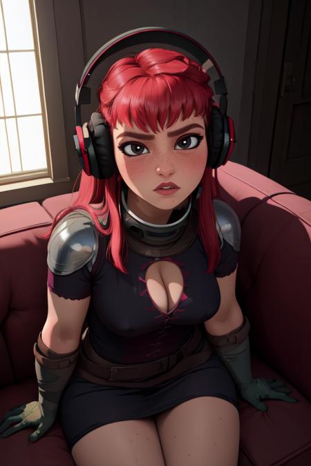 Nimona, black eyes, sidelocks, blush, headphones,  
NimSuit,bandages,gloves ,dress,  long hair,  armor
cowboy shot,  cleavage cutout,  leaning forward, 
red couch, sitting, from above,   covered nipples, 
(insanely detailed, beautiful detailed face, masterpiece, best quality) <lora:Nimona-10 v3:0.7>