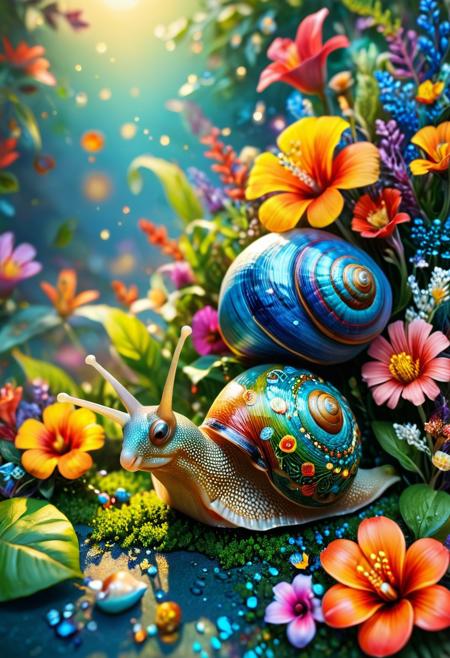 This close-up portrait features a captivating snail, with its shell intricately crafted from colorful diamonds. The background is filled with vibrant and sparkling elements, including a dazzling array of flowers that add depth and atmosphere to the scene.
The image is characterized by ultra-detailed, very aesthetic illustration, and a perfect composition that highlights the snail's intricate details. The atmospheric lighting and streaks of light further enhance the overall effect, creating a masterpiece that showcases a perfect blend of absurdity and perfection.
This ultra-detailed, midjourneyv6.1 quality photograph is a testament to the perfection style, seamlessly combining vivid colors and intricate details to create a truly mesmerizing and realistic image.