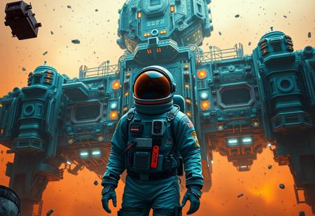 A cinematic shot of an astronaut in a vibrant teal spacesuit standing in the foreground, with a massive, intricate space station or spacecraft as the backdrop. The space station is adorned with numerous lights, windows, and technical details. The astronaut's suit is equipped with various gadgets and patches. The atmosphere is filled with floating debris and a hazy orange hue, suggesting either a celestial event or a post-apocalyptic setting.