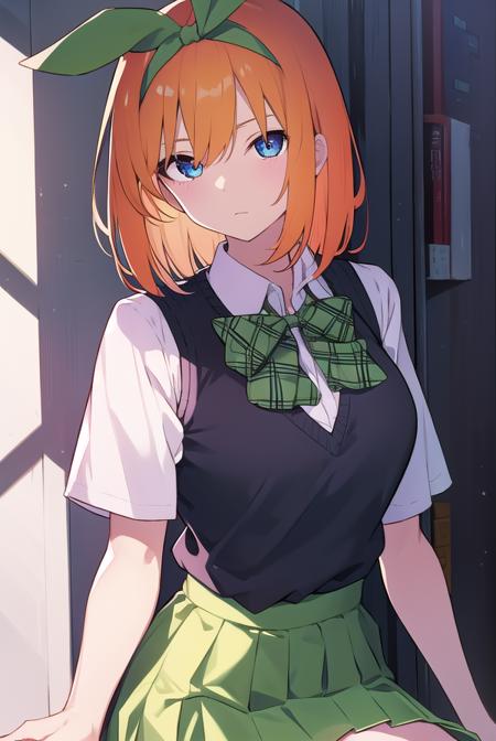 yotsubanakano, <lyco:yotsubanakano-LYCORIStest:1>, yotsuba nakano, bangs, short hair, blue eyes, hair between eyes, hair ribbon, hairband, orange hair, green ribbon,
BREAK skirt, shirt, bow, ribbon, school uniform, white shirt, short sleeves, pleated skirt, shoes, socks, collared shirt, miniskirt, bowtie, black footwear, kneehighs, green skirt, black socks, loafers, green bow, sweater vest, green ribbon,,
BREAK indoors, classroom,
BREAK looking at viewer, BREAK <lora:GoodHands-vanilla:1>, (masterpiece:1.2), best quality, high resolution, unity 8k wallpaper, (illustration:0.8), (beautiful detailed eyes:1.6), extremely detailed face, perfect lighting, extremely detailed CG, (perfect hands, perfect anatomy),