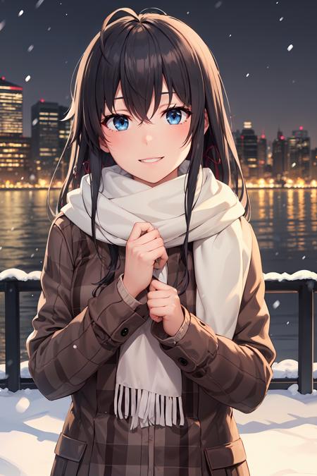 masterpiece, best quality, cowboy shot, looking at viewer, smile, yukino yukinoshita, long hair, hair ribbon, winter clothes, scarf, outdoors, night, snowing, skyline, <lora:yukino_yukinoshita_v2:1>