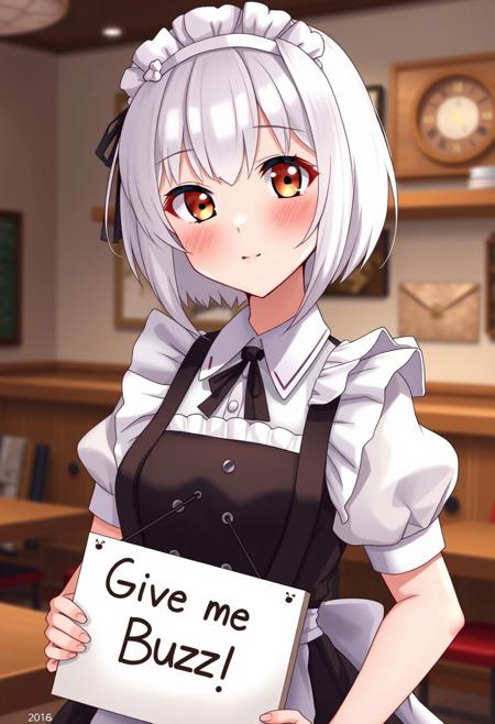 score_4,score_5,score_6,score_7_up,score_8_up,score_9 ((masterpiece,best quality,ultra detailed,highres,HD,4k:1.2)), 
1 girl,solo,face focus,
white hair,short hair,bob cut,sidelocks,brown eyes,
Maid headband, maid apron, maid outfit, frilly apron,
indoors,cafe,
maid costume,maid school,
(("Give me Buzz.",Beggars Borad,Holding a sign, holding a sign that says, "Give me Buzz.")) wink,happy,blush, looking at viewer, smile,,