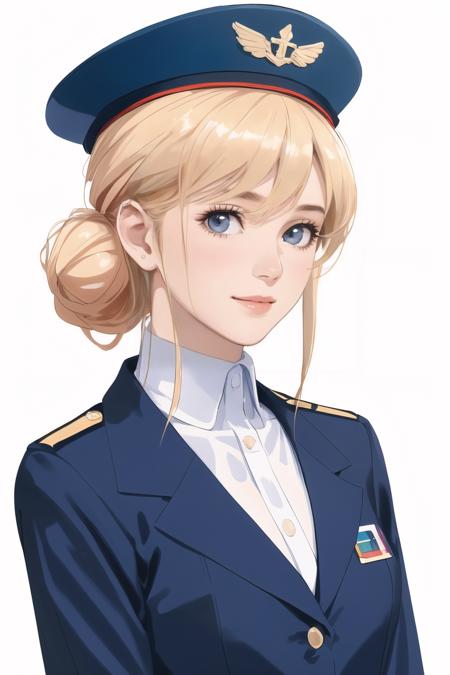 stewardess woman,21 years old,(white background:1.3),(upper body:1.2),subsurface scattering,smiling,hair bun,blonde hair,bangs,stewardess,dark blue uniform,garrison cap,pantyhose,white gloves,(airplane cabin),light smiling,((best detailed slender body)),(european idol, european beauty, european mixed),(wide hip:0.7, large breasts:0.8, perfect slender young girl body),(tall_image:1.3),Perfectly glossy skin,picture of a vivid,(masterpiece:1.2),(extremely detailed),(8k:1.1),(perfect lighting,best quality,highres,original),(realistic photography:1.4),(tall image:1.5),high detailed skin,shaded face,soft lighting,(small face),shiny_and_glossy_skin,RAW,ultra highres,pores visible,(ultra realistic quality,highres,original),(realistic:1.4),(tall image:1.5),high detailed skin,shaded face,soft lighting,(small face),shiny_and_glossy_skin,tone abs,depth of shadow