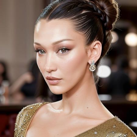 portrait photo of BellaHadid beautiful woman hair updo upsweep nightclub sitting at bar (masterpiece) (best quality) (detailed) (8k) (HDR) (wallpaper) (cinematic lighting) (sharp focus) (intricate) <lora:BellaHadid:0.8>