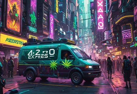An elderly rastafarian netrunner driving cyberpunk delivery van with the words "420 Express" on the side. The background is a vibrant and crowded cyberpunk city.  The image has a colorful cyberpunk scifi aesthetic.