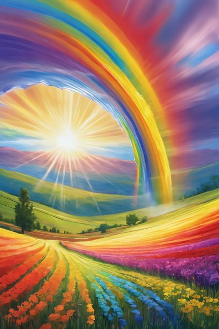 Colorful field, best quality, Scrumptious "I'm with you, you're with me, so we're alright.", Sunlight, Saturated, sunbeam, rainbow swirl