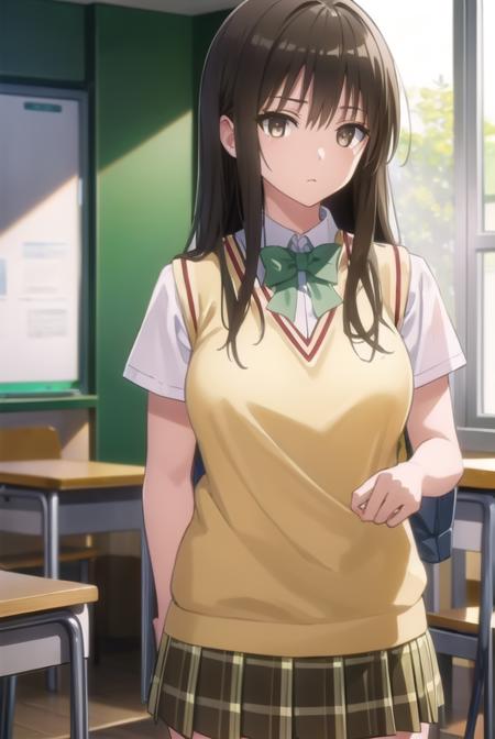 yuikotegawa, <lora:yui kotegawa darkness-lora-nochekaiser:1>,
yui kotegawa, black hair, (brown eyes:1.5), long hair,
BREAK green skirt, plaid, plaid skirt, sainan high school uniform, school uniform, skirt, sweater vest, (yellow sweater:1.3), short sleeves,
BREAK indoors, classroom,
BREAK looking at viewer, (cowboy shot:1.5),
BREAK <lyco:GoodHands-beta2:1>, (masterpiece:1.2), best quality, high resolution, unity 8k wallpaper, (illustration:0.8), (beautiful detailed eyes:1.6), extremely detailed face, perfect lighting, extremely detailed CG, (perfect hands, perfect anatomy),