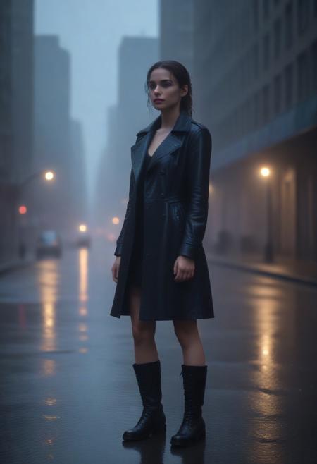 Ultra-detailed, cinematic mood: a young woman stands alone on a rain-slicked urban street, her glossy black leather coat gleaming under the soft glow of flickering streetlights. Droplets cascade down the smooth, tailored surface, reflecting hues of neon blue and violet from the surrounding cityscape. Her posture is poised yet relaxed, the coat’s high collar framing her face—sharp cheekbones dewy with rain, piercing eyes catching the light, strands of wet hair clinging to her skin. The rain falls in a steady, gentle rhythm, pooling in shallow ripples around her boots, while faint steam rises from the warm asphalt. In the background, a futuristic skyline looms—towering structures shrouded in mist, their edges softened by the downpour. Moody tones, dynamic reflections, and a sense of quiet strength infuse the scene