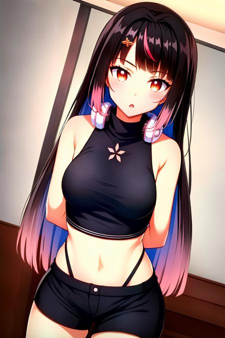 2d, masterpiece, best quality, anime, highly detailed face, highly detailed eyes, highly detailed background, perfect lighting, yomegurihana, virtual youtuber, (1girl:1.2), orange eyes, black hair, streaked hair, pink hair, very long hair, blunt bangs, hairclip, medium breasts, breasts, turtleneck, (midriff:1.2), crop top, black shirt, sleeveless shirt, (highleg:1.2), black shorts, (short shorts:1.2), headphones around neck, arms behind back, indoors, window, :o, dutch angle, <lora:YomeguriHanaV2:1>