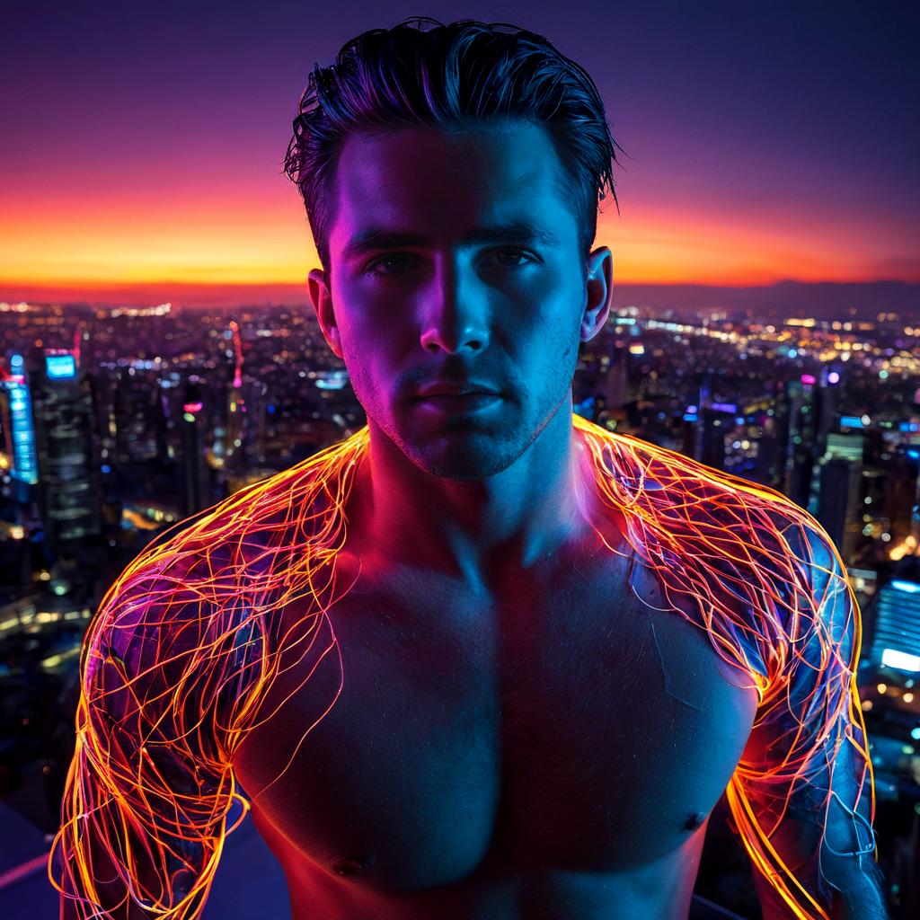 long shot scenic professional photograph of A hyperrealistic portrait of a man whose body is being consumed by glowing neon wires, each wire wrapping around his limbs and sinking into his skin, glowing brightly with electric light. His face is calm, despite the chaos, with wires twisting around his eyes, nose, and mouth, as they light up his features in bright neon colors. His hair has become a mass of glowing wires that pulse with energy. Behind him, the background is a vast, futuristic cityscape of towering neon skyscrapers and glowing wires that stretch into the sky, casting sharp, electric shadows on everything., perfect viewpoint, highly detailed, wide-angle lens, hyper realistic, with dramatic sky, polarizing filter, natural lighting, vivid colors, everything in sharp focus, HDR, UHD, 64K