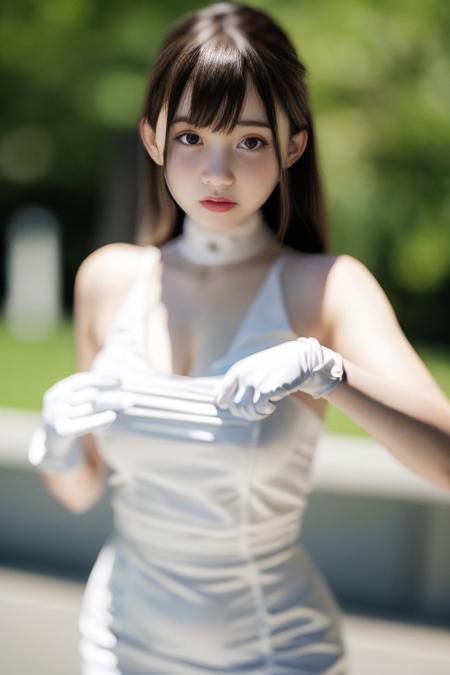 (photo realistic:1.55), <lora:kiki:1>, masterpiece, best quality, detailed, blurry, depth_of_field, blurry_background, blurry_foreground, 1girl, gloves, white_gloves, dress, motion_blur, photo_\(medium\), solo, white_dress