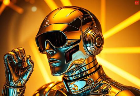 Avant-garde , Robert T techno style ,1970s retro futurism , chrome and Gold