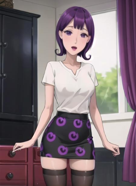 {best quality}, {{masterpiece}}, {highres}, original, extremely detailed 8K wallpaper, {an extremely delicate and beautiful},1girl,purple hair,makeup, purple_eyes, small eyes,smell,  whirt shirt,black skir,there are purple and green patterns on the skirt,black stockings,medium_breasts, <lora:zhangxiaoli:1>