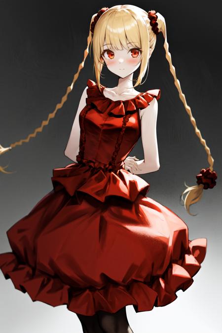 masterpiece, best quality, highres, 1girl karino shuka blonde hair twin braids, red scrunchie collarbone red dress sleeveless frilled dress pantyhose <lora:karino_shuka:1> arms behind back