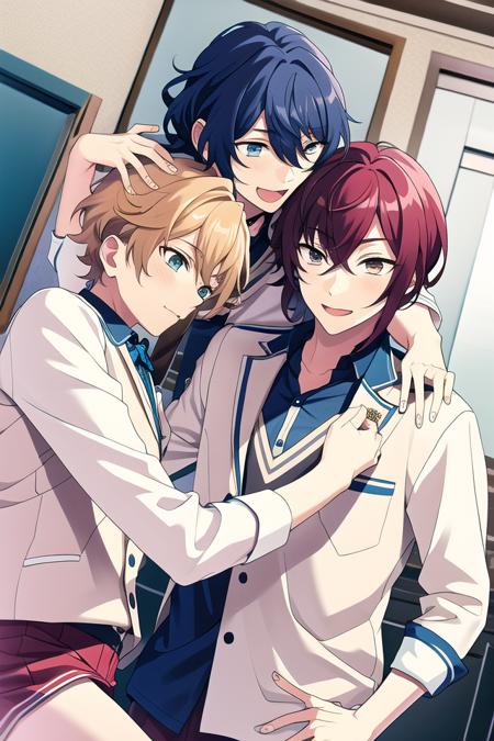 masterpiece, best quality, absurdres, cute, ultra-detailed, <lora:ensemble_stars:0.6>, 3boys,
AND, 3boys, em_harukawa sora, 
AND, 3boys, em_aoba tsumugi,
AND, 3boys, em_sakasaki natsume,
indoors