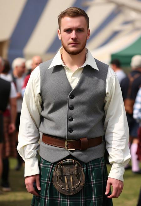 A trans-man at a renaissance fair wearing a kilt, wide-collared shirt, and a grey spotted vest.
