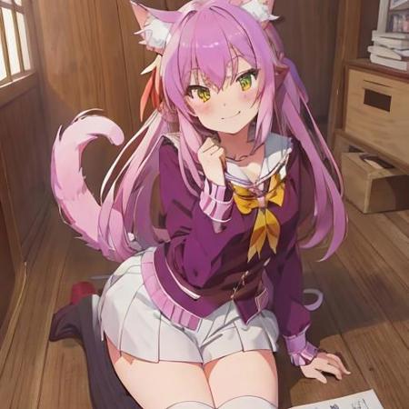 1girl, murenase, kurumi, nekomai, kurumi nekomai, seton purple hair, animal ears, cat ears, fluffy cat tail, tail, multi color hair, green eyes, serafuku, purple jacket, white shirt, separate sleeves, thigh-length hair, skirt (white), looking at viewer, very long hair, smile, in front of a burning academy, sitting(cowboy photo: 1.5), (masterpiece: 1.2), best quality, high resolution (artwork: 0.8 ), (beautiful detailed eyes: 1.6), perfect lighting, extremely detailed CGI (perfect hands, perfect anatomy)