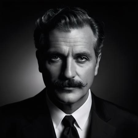 cinematic photo a black and white photo of a man with a moustache, in the style of mario testino, contrasting lights and darks, paolo veronese, glamorous hollywood portraits, marc chagall, animated film pioneer, pentax 645n,deepdarkstudio,dark black background with a white gradient around the man,((high contrast:2)) <lora:Deep_Dark_Studio_XL-000003:0.5 . 35mm photograph, film, bokeh, professional, 4k, highly detailed