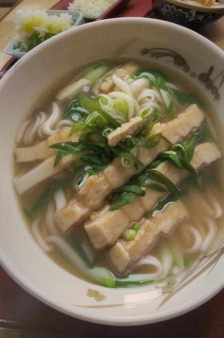 kizamikitsuneudon, noodles, bowl, food focus, food, realistic, still life, spring onion, soup, vegetable