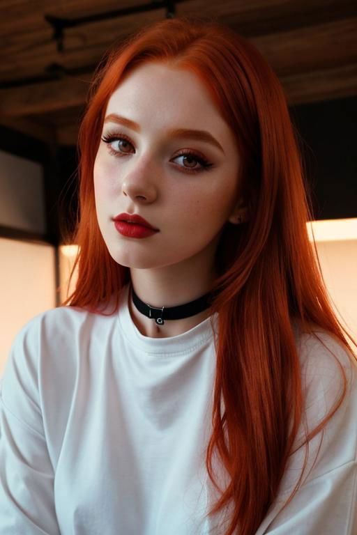 A red-haired woman wearing a black choker necklace and white shirt.