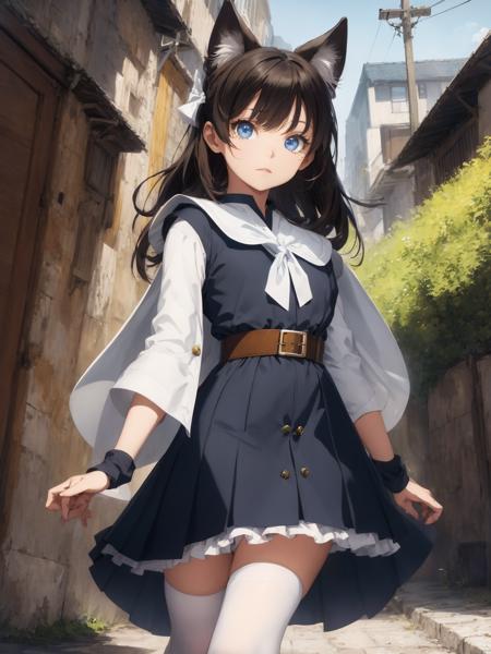 absurdres, highres, ultra detailed,  (1girls:1.4), 
BREAK
A girl with iridescent eyes and brown hair styled dynamically. Her eyes are beautiful and detailed, her lips glossy. She has medium breasts and wolf ears (emphasis:1.2).
BREAK
She wears a white cloak, gloves, sash, belt, shoes, and a white blouse with a sailor collar. She also wears knee-high socks and loafers, with a red ribbon. She has a button and badge on her navy blue pleated skirt.
BREAK
Her pose is at a dramatic angle with active motion (emphasis:1.2).