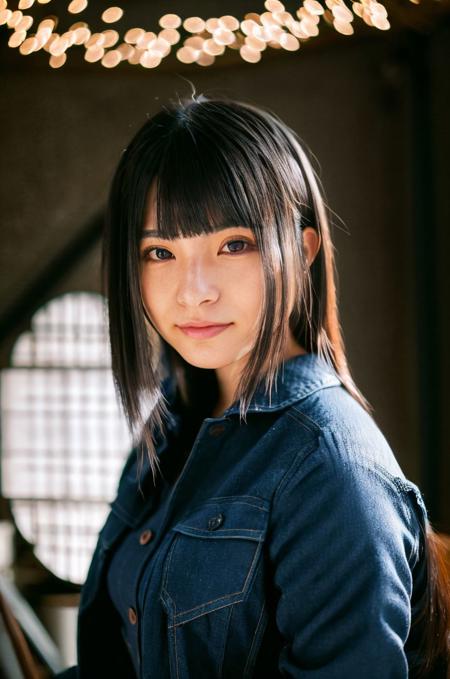 A stunning intricate full color portrait of  a  20 year old cute japanese woman,arrayed in an indigo vest, in an unlit loft, dark hair, epic character composition,by ilya kuvshinov, alessio albi, nina masic,sharp focus, subsurface scattering, f2, 35mm, film grain <lora:uehara:1>