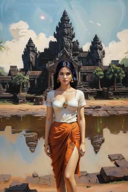 landscape of a Angkor Wat, Mythical, Sunny, Sketched, Horror, Patachitra, 35mm, artstation, portrait art by Gil Elvgren