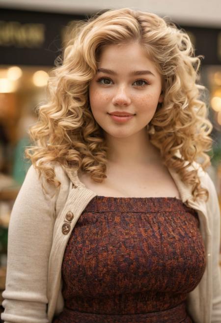 1girl, 18yearsold, half-angloirish, 1/4desi 25%, portrait, headshot, cute model, Long thick Maxi Skirt, Knit tube top, swept back hair, alluring smile, working at a clothing store, perfect eyes, highly detailed beautiful expressive eyes, detailed eyes, 35mm photograph, film, bokeh, professional, 4k, highly detailed dynamic lighting, photorealistic, 8k, raw, rich, intricate details, identical iris, curly blonde hair, pale skin, freckles, (Greeneyes 1:1), curvy, plump, bbw, chubby, fat, fatface, puffy lips, slightfrown, big nose, thinupperlip, hugetits, massivebreasts, busty, wide nose, cleavage