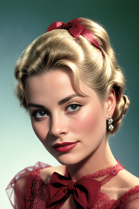 GraceKelly, a woman with bright red lipstick, in a dress, posing for a picture with her hair up and a bow in her hair, Alfred Eisenstaedt, head and shoulders portrait, mannerism