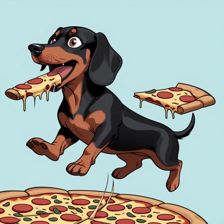 illustration in DD4Ced-STV1.0 artstyle that features a dachshund running away with a big slice of pizza in his mouth