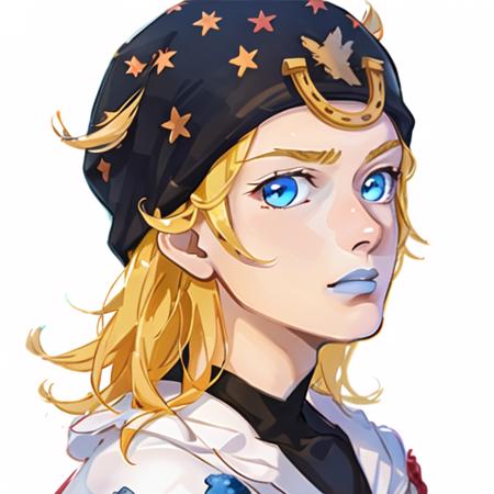 closeup, official artwork, headshot, game splash art, <lora:johnnyNAI:0.9> male, man, masculine, 1boy, male, adult, ((perfect proportions)) johnny joestar, blonde hair, blue eyes, blue_lips, makeup, pants, star pattern,  hat, blue clothing, hood (clothing), sbr, sun, ((ray tracing)), glowing light, detailed-shadows, beautiful artwork, masterpiece, illustration, an extremely intricate  and beautiful, extremely detailed ,CG ,unity ,8k wallpaper,GRASS, hair flower, cute,scene depth,