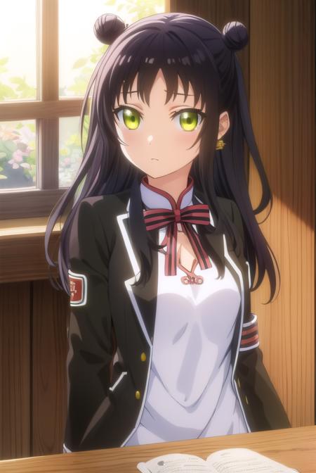 teriawang, <lora:teria wang s1-lora-nochekaiser:1>,
teria wang, long hair, black hair, (green eyes:1.3), hair bun, double bun,
BREAK dress, earrings, chinese clothes, armband, bow, school uniform, jacket, striped, white dress,
BREAK indoors, classroom,
BREAK looking at viewer, (cowboy shot:1.5),
BREAK <lyco:GoodHands-beta2:1>, (masterpiece:1.2), best quality, high resolution, unity 8k wallpaper, (illustration:0.8), (beautiful detailed eyes:1.6), extremely detailed face, perfect lighting, extremely detailed CG, (perfect hands, perfect anatomy),